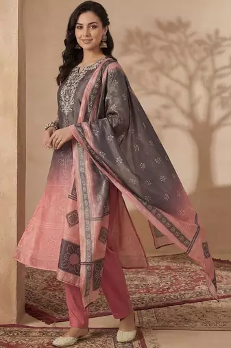 women ombre embroidered regular thread work kurta with trousers & with dupatta