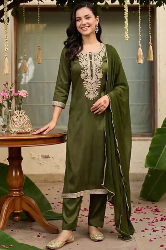 women ethnic motifs embroidered regular thread work kurta with trousers & with dupatta