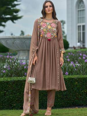 women floral embroidered empire thread work silk kurta with trousers & with dupatta 1