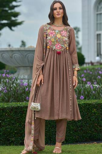 women floral embroidered empire thread work silk kurta with trousers & with dupatta