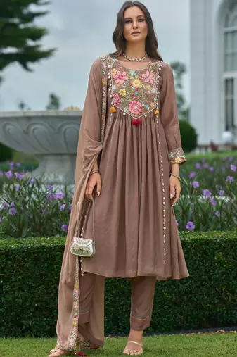 women floral embroidered empire thread work silk kurta with trousers & with dupatta