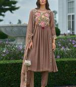 women floral embroidered empire thread work silk kurta with trousers & with dupatta