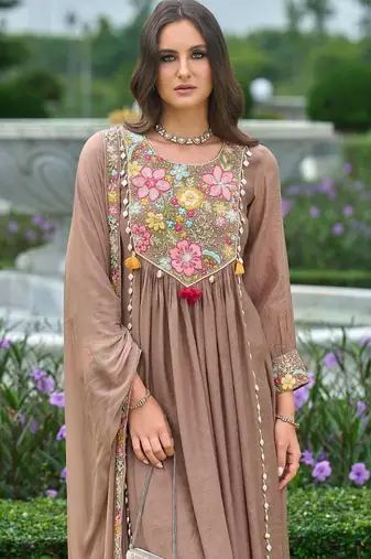 women floral embroidered empire thread work silk kurta with trousers & with dupatta