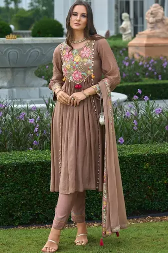 women floral embroidered empire thread work silk kurta with trousers & with dupatta