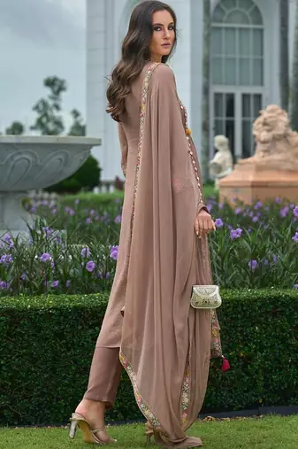 women floral embroidered empire thread work silk kurta with trousers & with dupatta