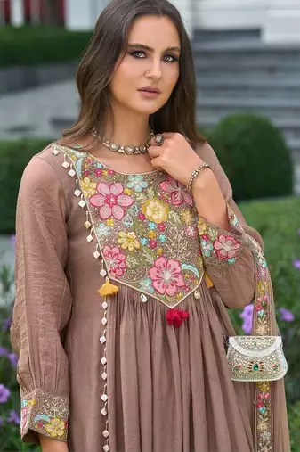 women floral embroidered empire thread work silk kurta with trousers & with dupatta