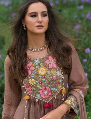women floral embroidered empire thread work silk kurta with trousers & with dupatta 6