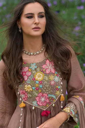 women floral embroidered empire thread work silk kurta with trousers & with dupatta