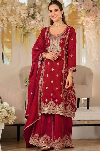 women ethnic motifs embroidered regular kurta with sharara & with dupatta