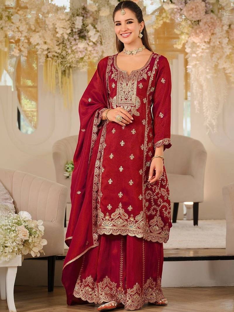 women ethnic motifs embroidered regular kurta with sharara & with dupatta