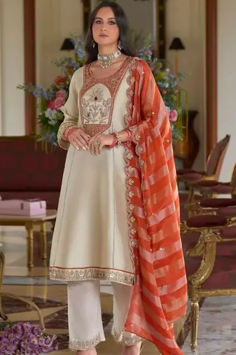 women ethnic motifs embroidered regular thread work kurta with trousers & with dupatta