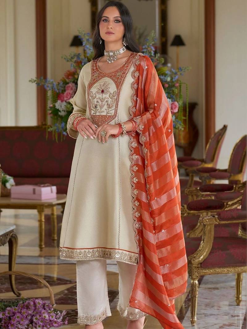 women ethnic motifs embroidered regular thread work kurta with trousers & with dupatta