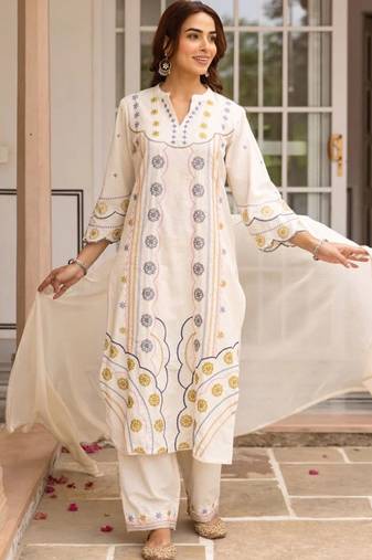 women ethnic motifs embroidered regular thread work cotton kurta with palazzos & with dupatta