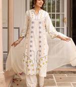 women ethnic motifs embroidered regular thread work cotton kurta with palazzos & with dupatta