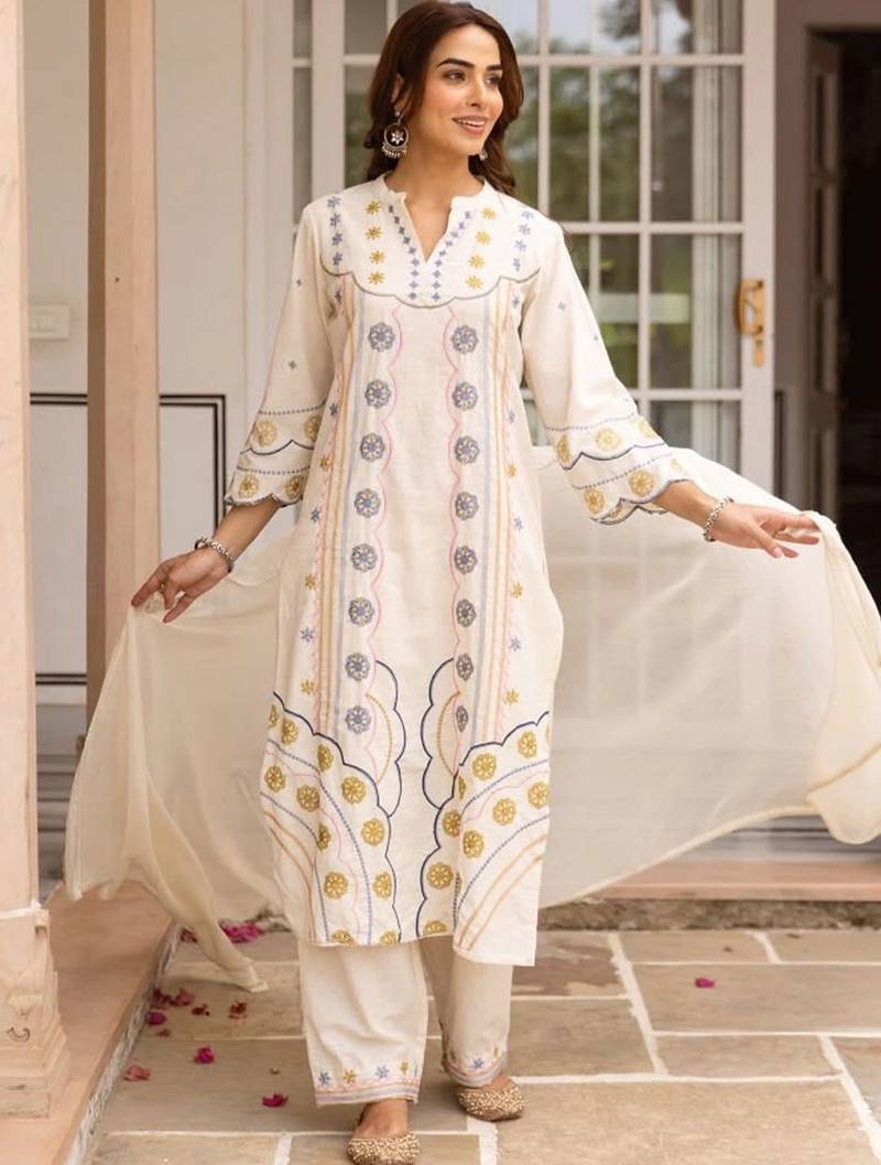 women ethnic motifs embroidered regular thread work cotton kurta with palazzos & with dupatta