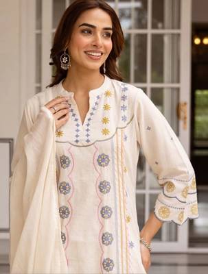 women ethnic motifs embroidered regular thread work cotton kurta with palazzos & with dupatta 2
