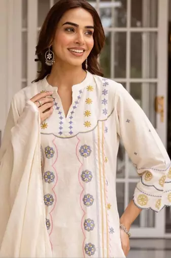 women ethnic motifs embroidered regular thread work cotton kurta with palazzos & with dupatta