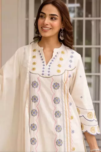 women ethnic motifs embroidered regular thread work cotton kurta with palazzos & with dupatta