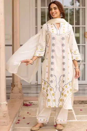 women ethnic motifs embroidered regular thread work cotton kurta with palazzos & with dupatta
