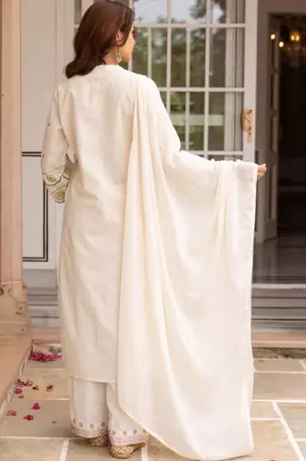 women ethnic motifs embroidered regular thread work cotton kurta with palazzos & with dupatta