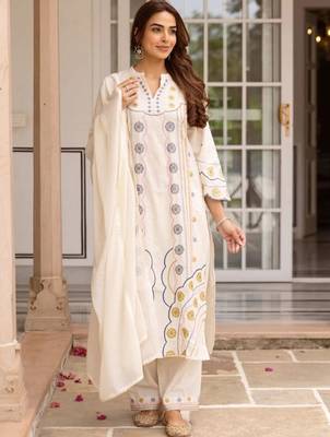 women ethnic motifs embroidered regular thread work cotton kurta with palazzos & with dupatta 6