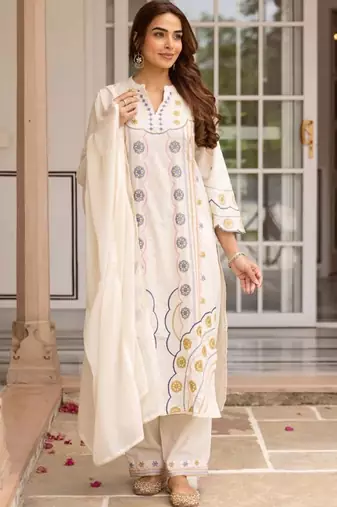 women ethnic motifs embroidered regular thread work cotton kurta with palazzos & with dupatta