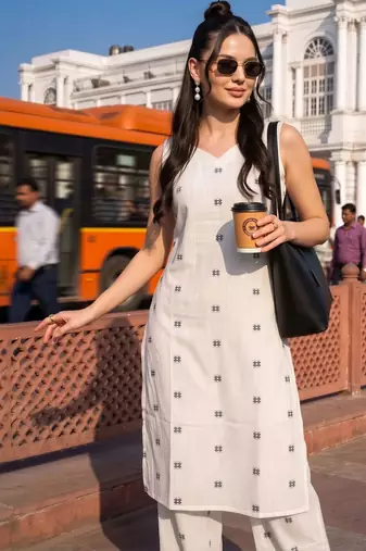 women ethnic motifs printed regular cotton kurta with trousers