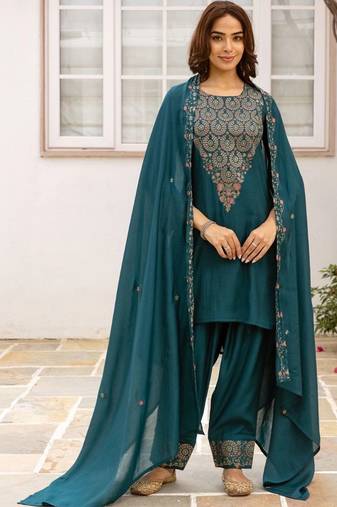 women ethnic motifs embroidered regular thread work kurta with patiala & with dupatta