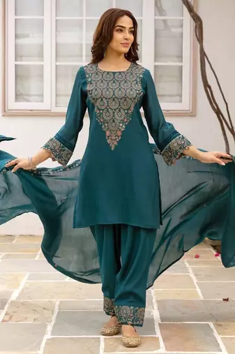 women ethnic motifs embroidered regular thread work kurta with patiala & with dupatta