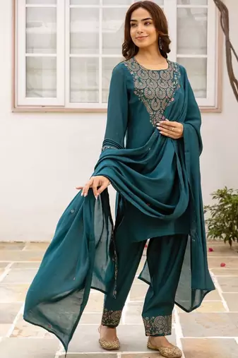 women ethnic motifs embroidered regular thread work kurta with patiala & with dupatta