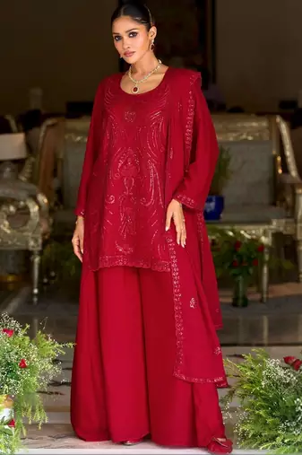 women ethnic motifs embroidered regular sequinned kurta with palazzos & with dupatta