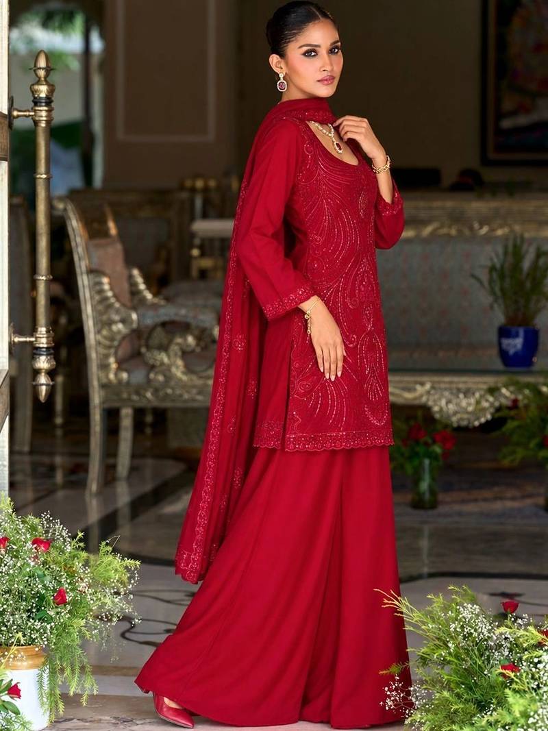 women ethnic motifs embroidered regular sequinned kurta with palazzos & with dupatta