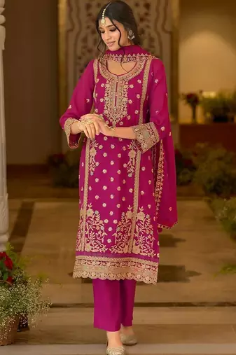 women ethnic motifs embroidered regular thread work kurta with trousers & with dupatta
