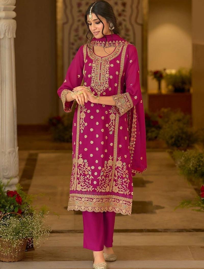women ethnic motifs embroidered regular thread work kurta with trousers & with dupatta