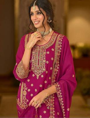 women ethnic motifs embroidered regular thread work kurta with trousers & with dupatta 3