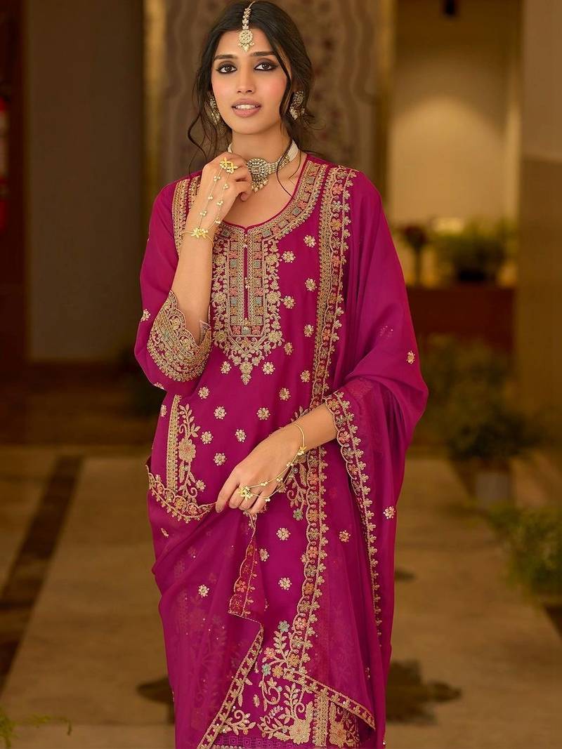 women ethnic motifs embroidered regular thread work kurta with trousers & with dupatta