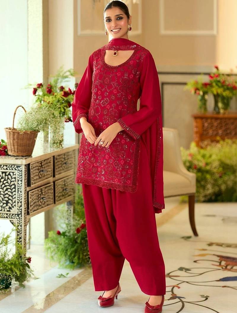 women ethnic motifs embroidered regular sequinned kurta with patiala & with dupatta