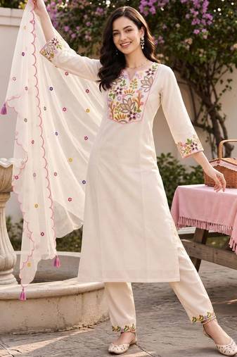 women ethnic motifs embroidered regular thread work liva kurta with trousers & with dupatta