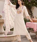 women ethnic motifs embroidered regular thread work liva kurta with trousers & with dupatta