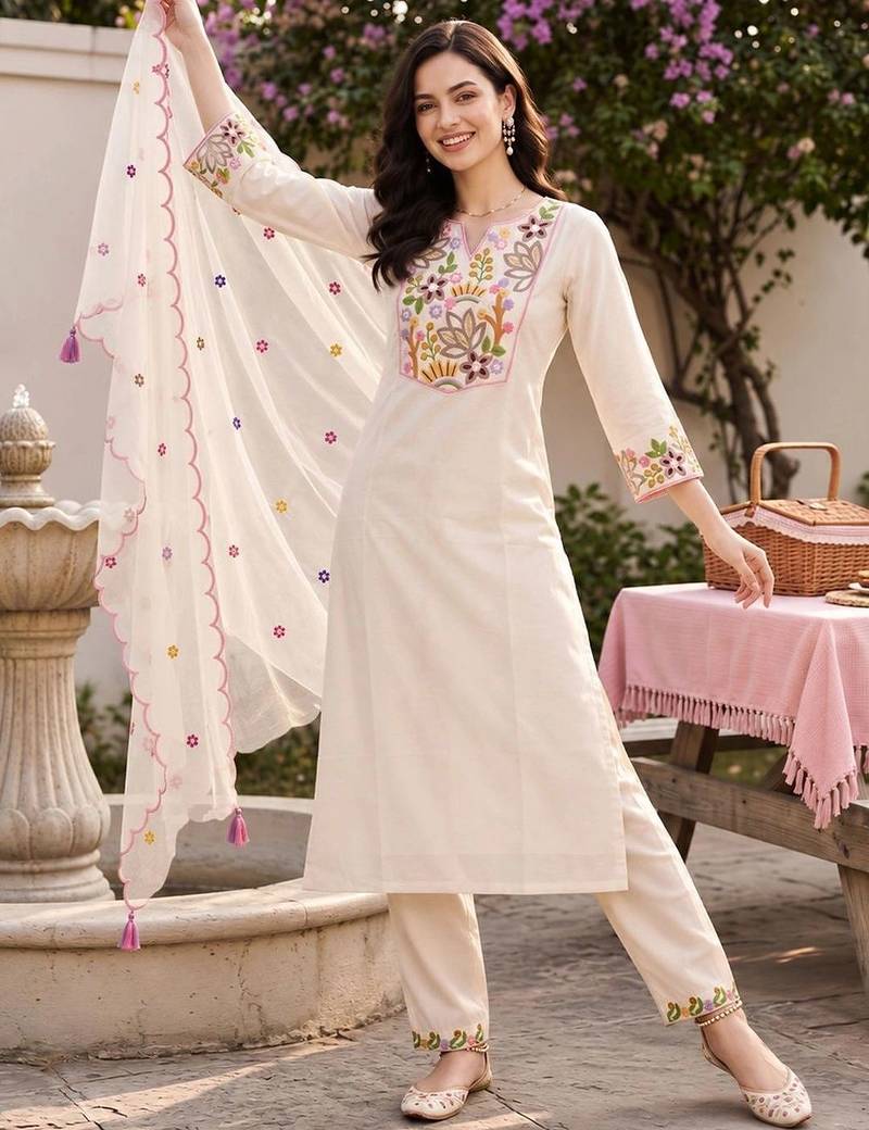 women ethnic motifs embroidered regular thread work liva kurta with trousers & with dupatta