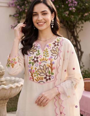 women ethnic motifs embroidered regular thread work liva kurta with trousers & with dupatta 2