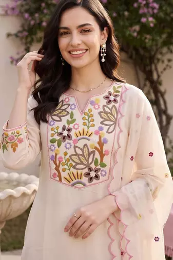 women ethnic motifs embroidered regular thread work liva kurta with trousers & with dupatta