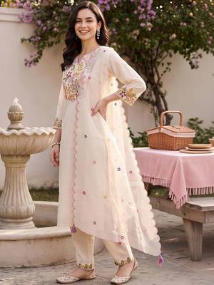 women ethnic motifs embroidered regular thread work liva kurta with trousers & with dupatta 3
