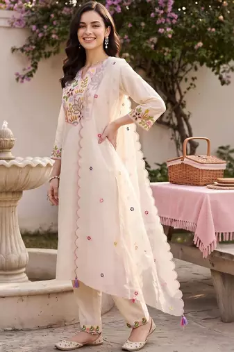 women ethnic motifs embroidered regular thread work liva kurta with trousers & with dupatta