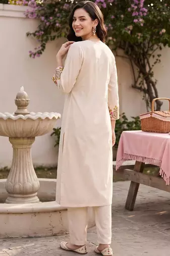 women ethnic motifs embroidered regular thread work liva kurta with trousers & with dupatta