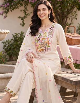 women ethnic motifs embroidered regular thread work liva kurta with trousers & with dupatta 5