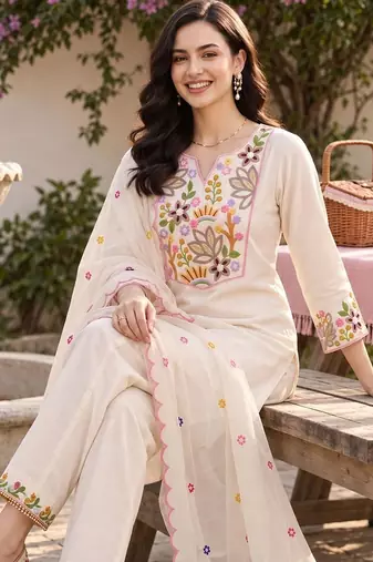 women ethnic motifs embroidered regular thread work liva kurta with trousers & with dupatta