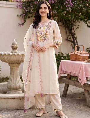 women ethnic motifs embroidered regular thread work liva kurta with trousers & with dupatta 6