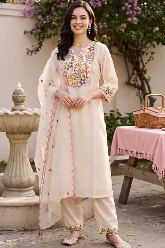 women ethnic motifs embroidered regular thread work liva kurta with trousers & with dupatta