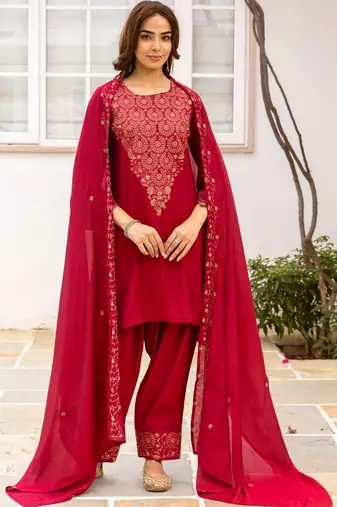 women ethnic motifs embroidered regular thread work kurta with patiala & with dupatta